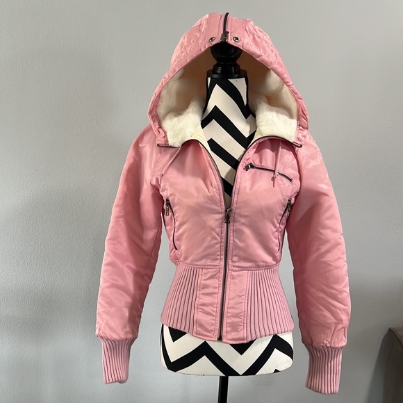 Guess Jackets & Coats Guess Pink Y2k Bomber Coat With White Faux